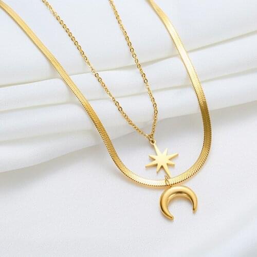 MEYRROYU Stainless Steel Gold Color Star Moon Pandents Necklaces For Women Double Layer Chokers 2021 Trendy Fashion Gift Jewelry