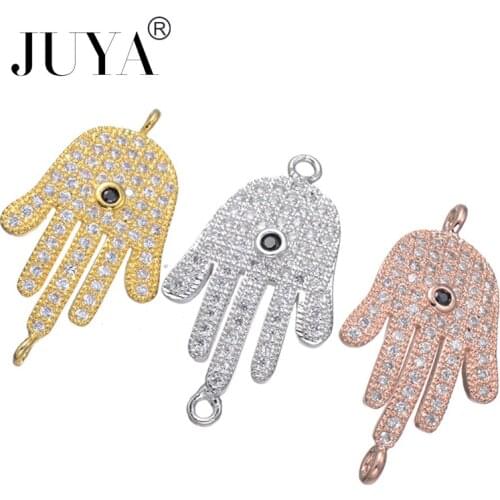 Rose Gold//Gold Fatima Hamsa Hand Zircon Connectors Charms for Jewelry Making Findings Accessories DIY Bracelets Necklaces