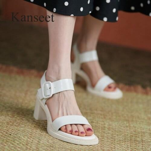 Kanseet High Heels Sandals 2021 Summer Sandals New Women Beige Black Genuine Leather Shoes Open-Toed Buckle Strap Concise Shoes