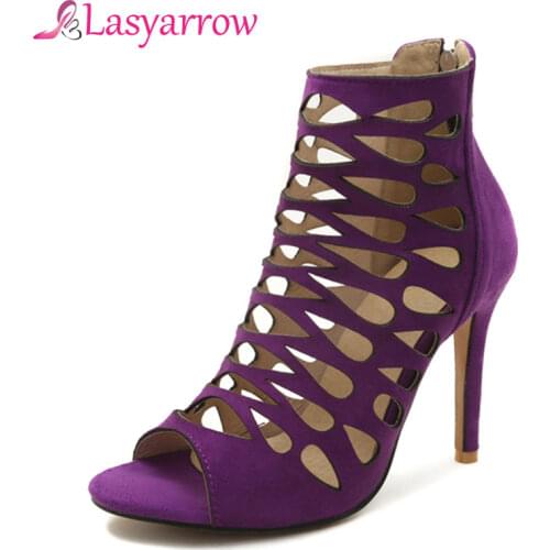 Lasyarrow Summer Women Fashion Open Toe Gladiator Sandals Cut-out Back Zipper Thin High Heel Sandals Large Size 32-46 RM265