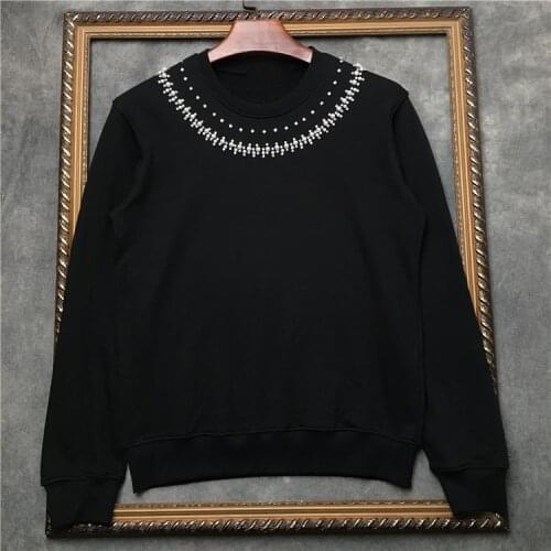 Spring Autumn Chic Women/mens High quality cotton diamonds pearls beading Sweatshirts Top B435