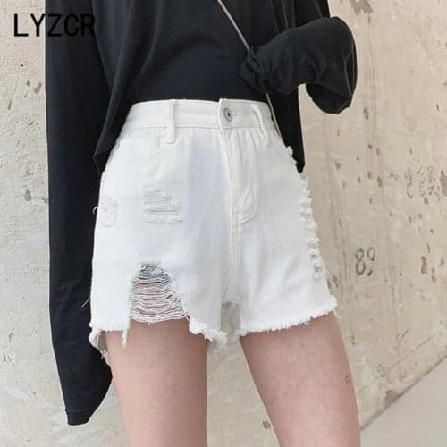 LYZCR Summer Womens Denim Shorts Women Sexy High Waist Ripped Shorts Jeans Women Loose Hole Jean Short Talla Grande Mujer