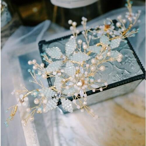 Light Blue Beads Bridal Hair Vine Crown Flower Women Headpiece Handmade Hair Accessories For Wedding Prom