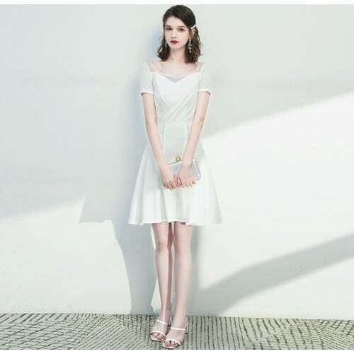 Special Occasion Dress Vintage O-Neck Short Luxury White Lace Zipper Pleat A-Line Knee-Length Satin Elegant Women Prom Gown E992