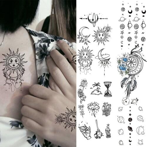 Black Sun Moon Totem Temporary Tattoos For Women Adult Universe Planet Dream Catcher Fake Tattoo Body Art Waterproof Tatoo Decal
