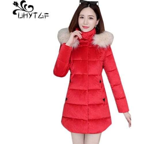 UHYTGF Quality gold velvet Down jacket winter coat parka women fashion fur collar hooded thicken warm jacket female Plus Size574
