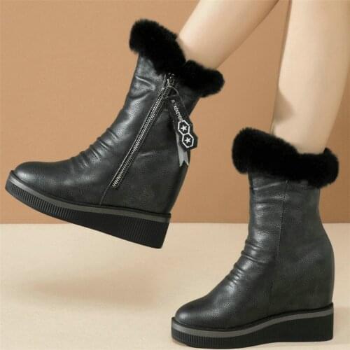 Lace Up Winter Creepers Women Genuine Leather Wedges High Heel Ankle Boots Female Warm Rabbit Fur Fashion Sneakers Casual Shoes