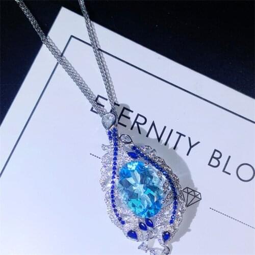 QTT Elegant Light Blue Water Drop Pendant Necklace for Women 925 Sterling Silver Trendy Engagement Wedding Party Jewelry Gift