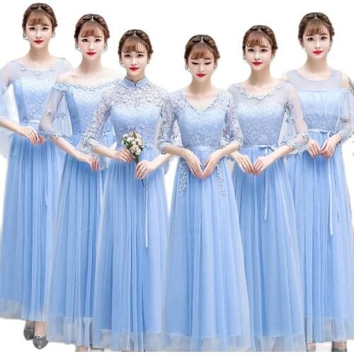 Women Elegant A-line Ankle-length Hollow Out Handmade Floral Belt Mesh Gray Pink Blue Long Adult Ceremony Bridesmaid Dress 9749
