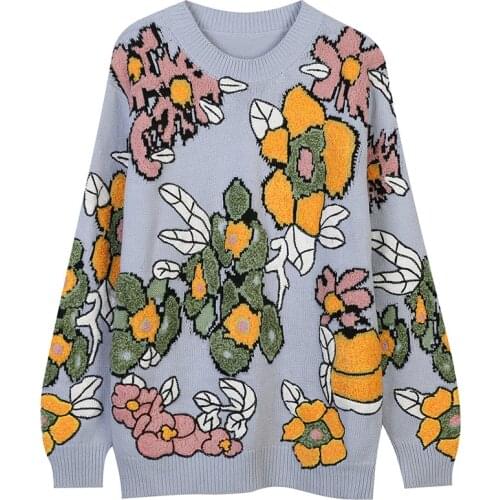 2021 Winter Thick Sweater Women Pullovers Floral Embroidery Loose Knit Tops Casual Streetwear Jersey Jumper Vintage Korean ins