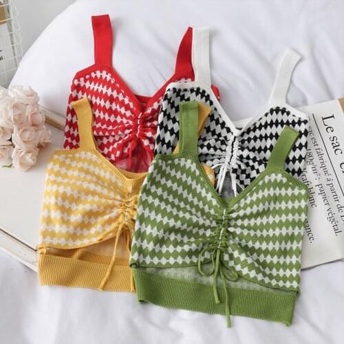 2021 Summer Women Thin Short Crop Top Chic Plaid Striped Drawstring Shirt Casual Knitted Vest Tank