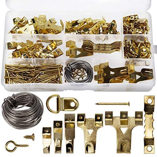 220 Pcs Picture Hangers Kit Frame Hanging Hooks Hardware with Hooks Nails Hanging Wire Sawtooth D Ring and Screw Eyes