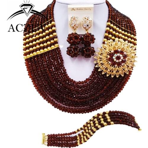 ACZUV 10 Rows Brown Crystal Nigerian Beads Jewelry Set African Wedding Necklace Bridal Jewelry Sets 10LBJZ018