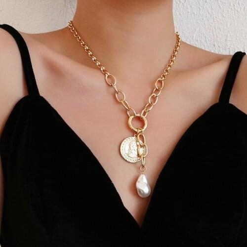 AENSOA Retro Chunky Portrait Coin Pearl Pendant Long Chain Necklace for Women Gold Color Chain Choker Round Necklaces Jewelry