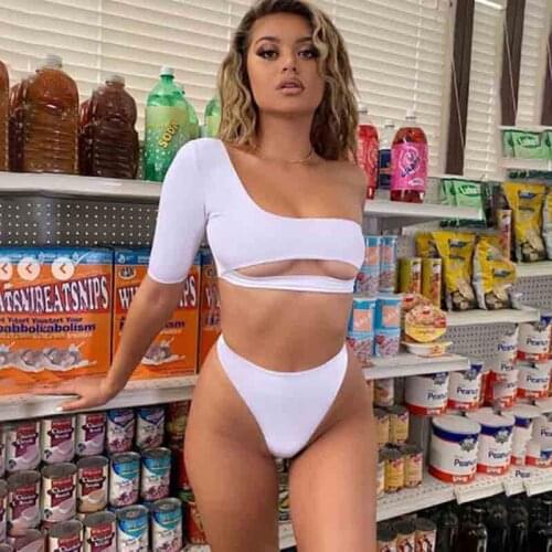One Shoulder Bikini Sexy Womens Swimsuits Summer Costume Swimwear Push Up Bathing Suit High Waist Biquini Solid Beachwear F73
