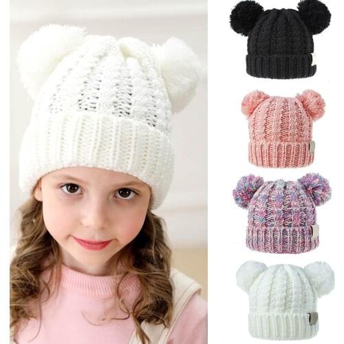 Childrens Wool Knitted Hat Double Knitted Ball Autumn Winter Warm Boys And Girls Baby Hat czapki dla dzieci