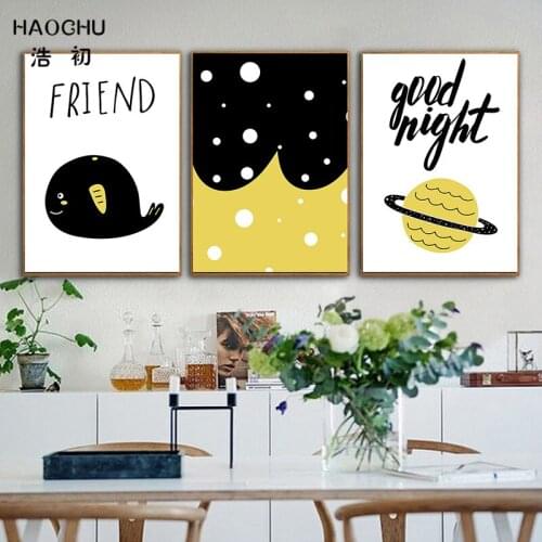 HAOCHU Nordic Black White Yellow Cartoon Animal Friend Whale Canvas Painting Baby Bedroom Children Room Wall Decor Birthday Gift
