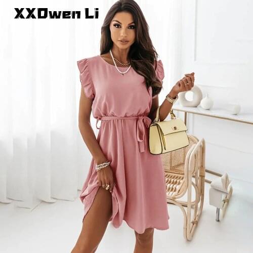 Summer Casual Ruffle Pure Color Dress Women 2021 Elegant O-Neck Sleeveless Lace-up Dresses Office Lady Party White Pink Robe