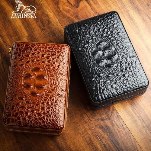 Lubinski Genuine Crocodile Leather Cedar Wood Travel Cigar Cigarette Case Humidor W/Cutter Lighter Humidifier Set Fit COHIBA