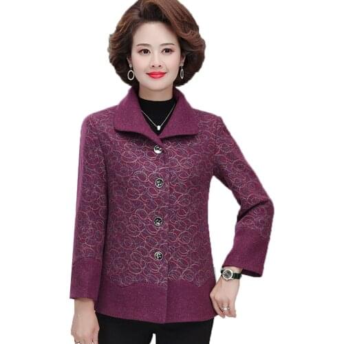 NEW 2020 Spring Autumn Womens Woolen Coat Middle-aged Elderly Mother Short Jacket Single-Breasted Outerwear Tops Plus Size 5XL