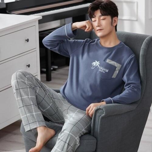 Casual Striped Full Cotton Pajama Sets for Men Long Sleeve&Pants Sleepwear Set Leisure Pyjama Male Homewear Lounge Pjs Clothes