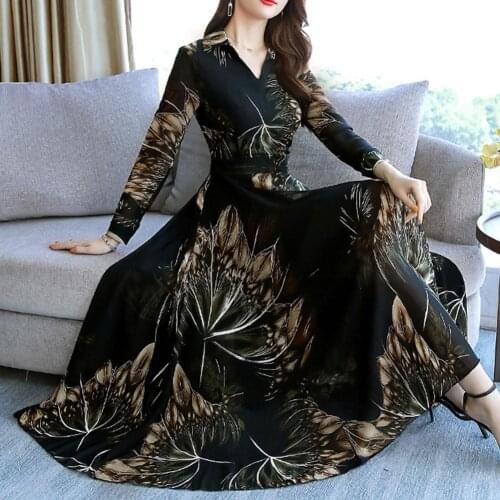 Women Floral Print V-Neck Large Swing Tight Waist Long Sleeve A-line Maxi Dress Elegant banquet Long dress Xmas Gift For Women