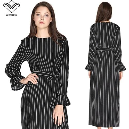 Wechery Women Striped Abaya Fashion Muslim Maxi Dress Trumpet Sleeve Black White Long Dresses Islamic Clothing