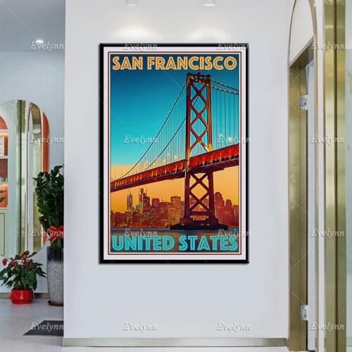 Retro Vintage Style Travel Poster San Francisco United States Oil Painting Poster and Print on Canvas Wall Art Modular Pictures