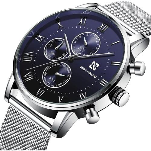 Luxury Silver Chronograph Watch Mens Multifunction Stainless Steel Quartz Date Watches for Male Business Sport Clock Reloj