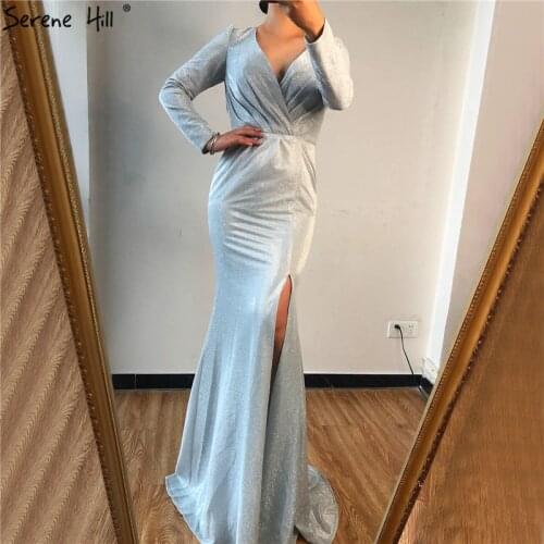 Silver V-Neck Simple Mermaid Evening Dresses Design 2020 Long Sleeves Sexy Evening Gowns Long Serene Hill LA70157