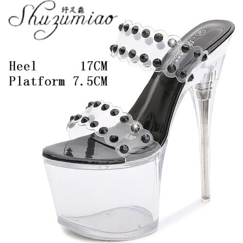 Model One Word Slides Women Nightclub Catwalk 17 CM Super High Heel Slippers New 2021 Sexy Transparent Crystal Show Clear Shoes
