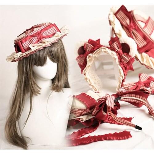 New Year Red Bow Hat Hairpin Lolita Plaid KC Headband HairClip Hair Accessory B1623