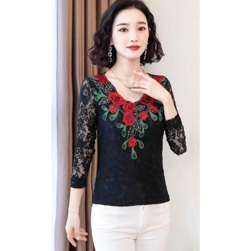 Women Spring Autumn Style Lace Mesh Blouses Shirts Lady Casual Long Sleeve V-Neck Leaf Printed Lace Slim Blusas Tops ZZ0604
