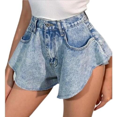 Runway Street Style Women Denim Umbrella Skirt Shorts 2021 Summer INS Fashion Sexy High Waist Ruffle Hem Pocket Jeans Short Pant