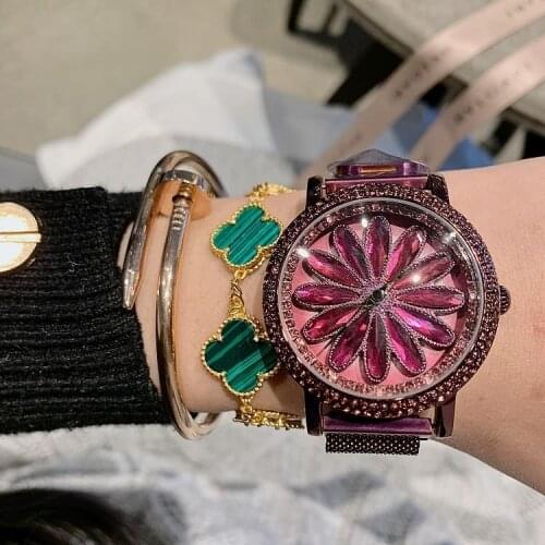 2019 Fashion Top Brand Luxury Watch Women Rotating Diamond Women Dress Watch Stainless Steel Flower Face Women Watches Quartz