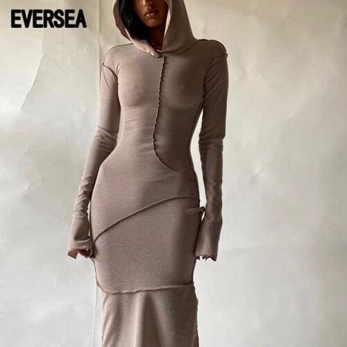 Eversea Autumn Long Sleeve Hoodies Dress Women Fit Hips Design Fashion Maching Line One Piece