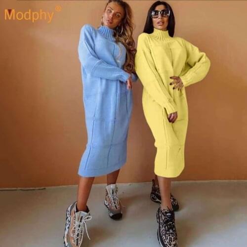 Winter Fashion Thicken Loose Sweater Dress Vestidos Sexy Long Sleeve High Neck Pullover Party Midi Knit Dress 2020 New Women