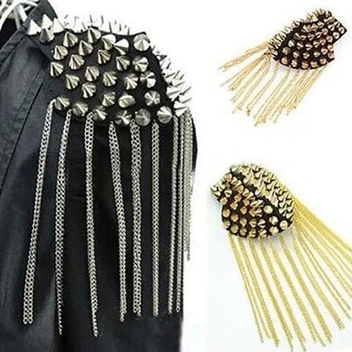 1Pc Punk Gothic Rivet Spike Epaulet Shoulder Board Mark Tassel Brooch Jewelry