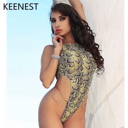 KEENEST 2018 Snake Skin Print Thong One Piece Swimsuit Swimwear Monokini Metal Chain Swimsuit Swimming Suit