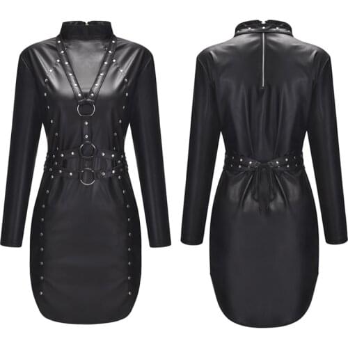 Black Long Sleeve Rivets Punk Dress Women Turtleneck Vinyl Mini Dresses Sexy Faux Leather Bodycon Costume Party Night Club Wear