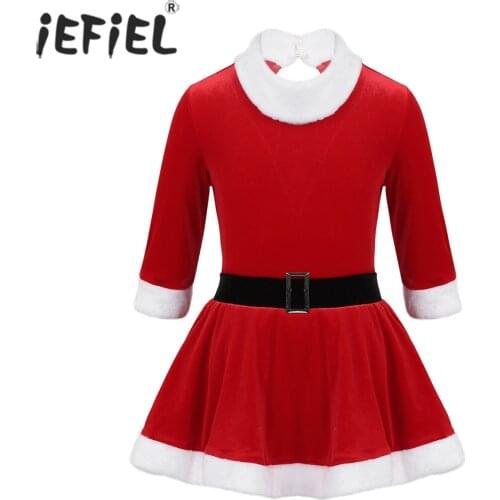 Kids Girls Christmas Santa Dance Costume Xmas Keyhole Back Figure Ice Skating Roller Ballet Dance Velvet Leotard Ballroom Dress