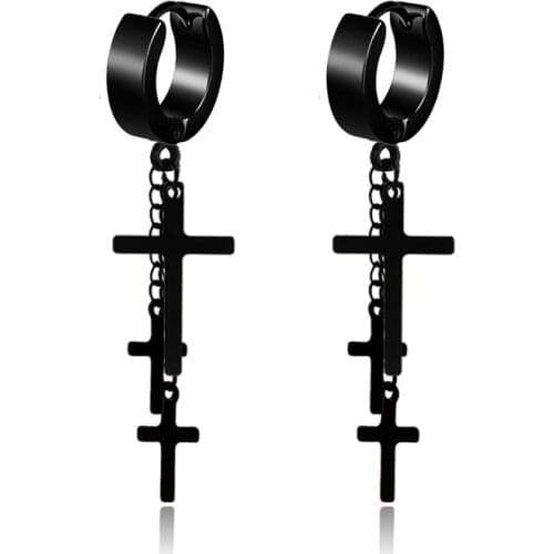 Double Cross Pendant Drop Earrings For Men Punk Stainless Steel Chain Tassels Earrings Jewelry Brincos Gift DropShipping