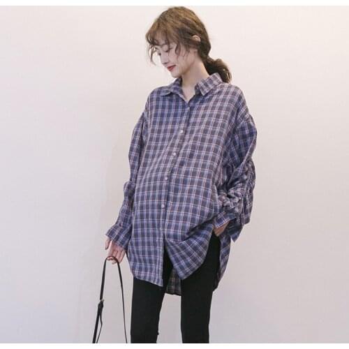 Maternity Elegant Plaid Blouse SpringAutumn Pregnant women Long Sleeve Loose Blouse Pockets Single-Breasted Fashion Ladies Tops