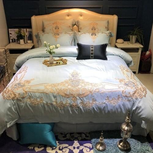 Nice 120S Egyptian Cotton Luxury Embroidery Royal Bedding Set 4/6pcsKing Queen Wedding Bed Sheet set Duvet cover Pillowcase blue