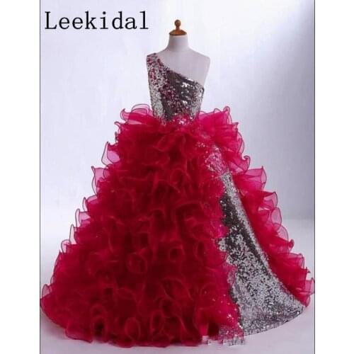 Red Appliques Girls Pageant Dresses Ruffles Tiered Skirts Organza Cute Birthday Gowns Sequins One Shoulder Flower Girl Dress
