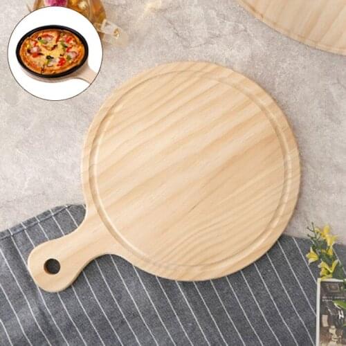 1PCS Natural Wooden Pizza Round Food Plate with Handle Bread Fruit Tray Kitchen Cake Bakeware Tool Cutting Board