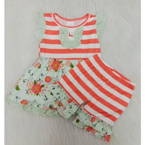 Hot sell girls short set off-white lace flutter ruffle sleeve top orange stripes shorts outfit girl summer flower outfit
