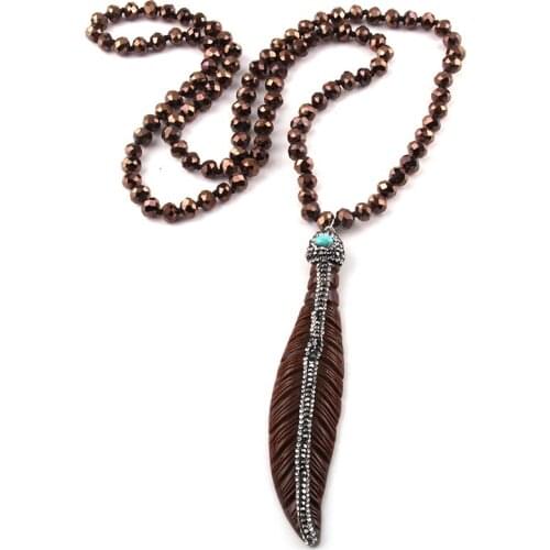 MOODPC Fashion Fashion Bohemian Jewelry Crystal Glass Long Knotted Paved Leaves Pendant Necklaces For Women