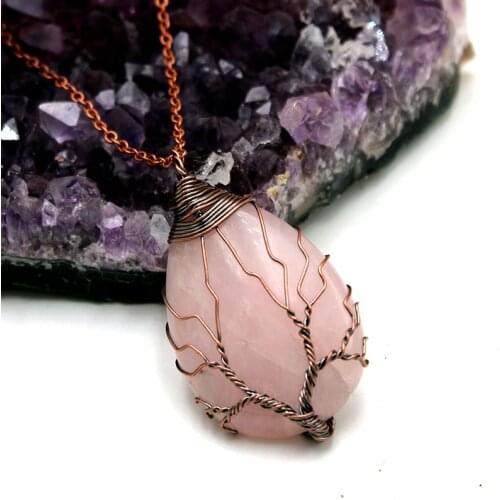 Natural Purple Quartz Opal Stone Pendants Handmade Rose Gold Color Tree of Life Wrapped Drop Shaped Crystal Pendant Necklace