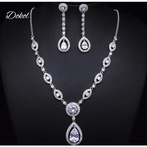 DOKOL Simple Style Water Drop Zircon Necklace and Dangle Earring Elegant Bridesmaids Jewelry Set for Wedding Accessories DKS0086
